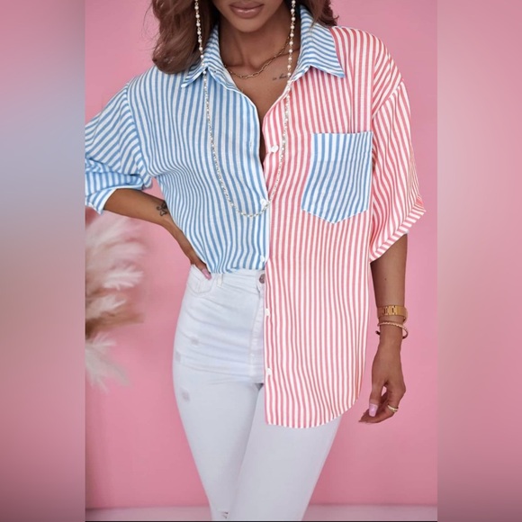 NEW - Women’s Sky Blue/Pink Contrast Striped
Print Shirt (Small) - Picture 6 of 7